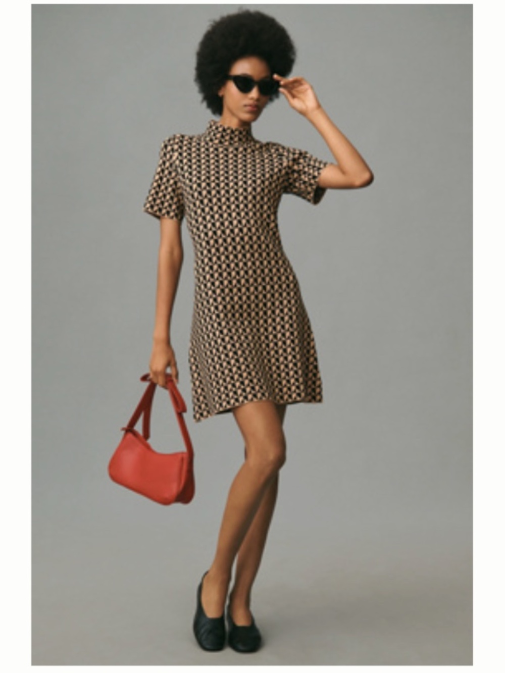 ANTHROPOLOGIE Short-Sleeve Mock-Neck Mod Black & Tan Sweater Mini Dress - 2X